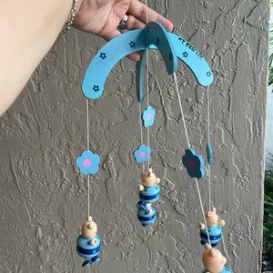 Blue Wooden Baby Mobile with Flowers